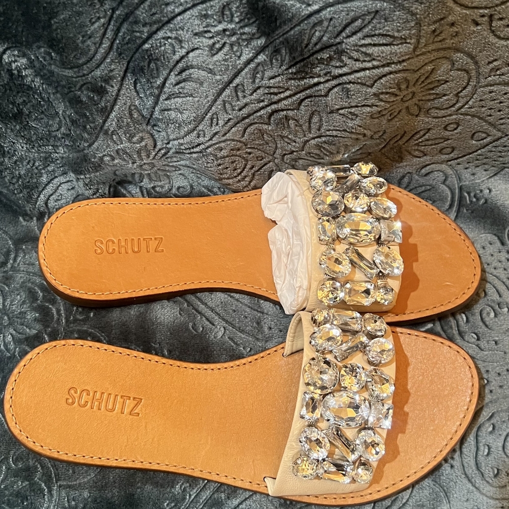 SCHUTZ Tan Sandals with Open Toe and Crystal Accents